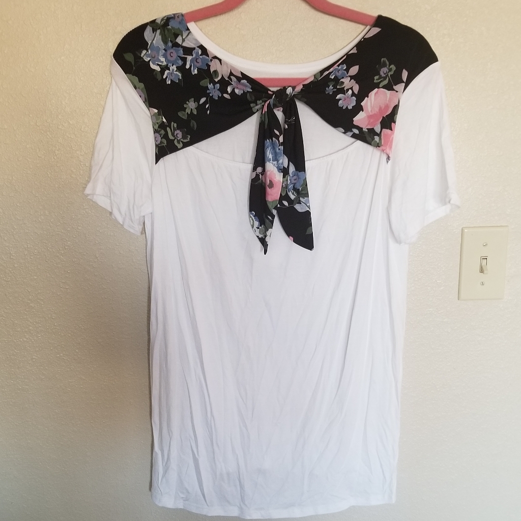 Sale Heimish Sxy Basic White Slinky Tee W/ Floral Tie Back Neckline Made Usa